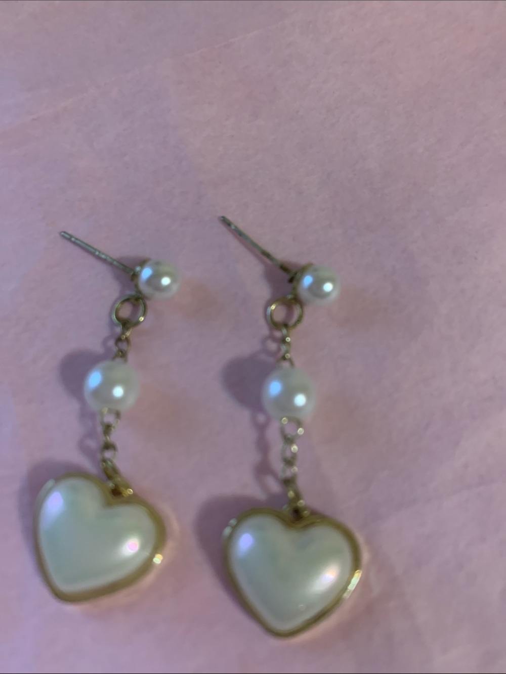 Gold-Tone Heart Drop Earrings with White Pearlescent Accents